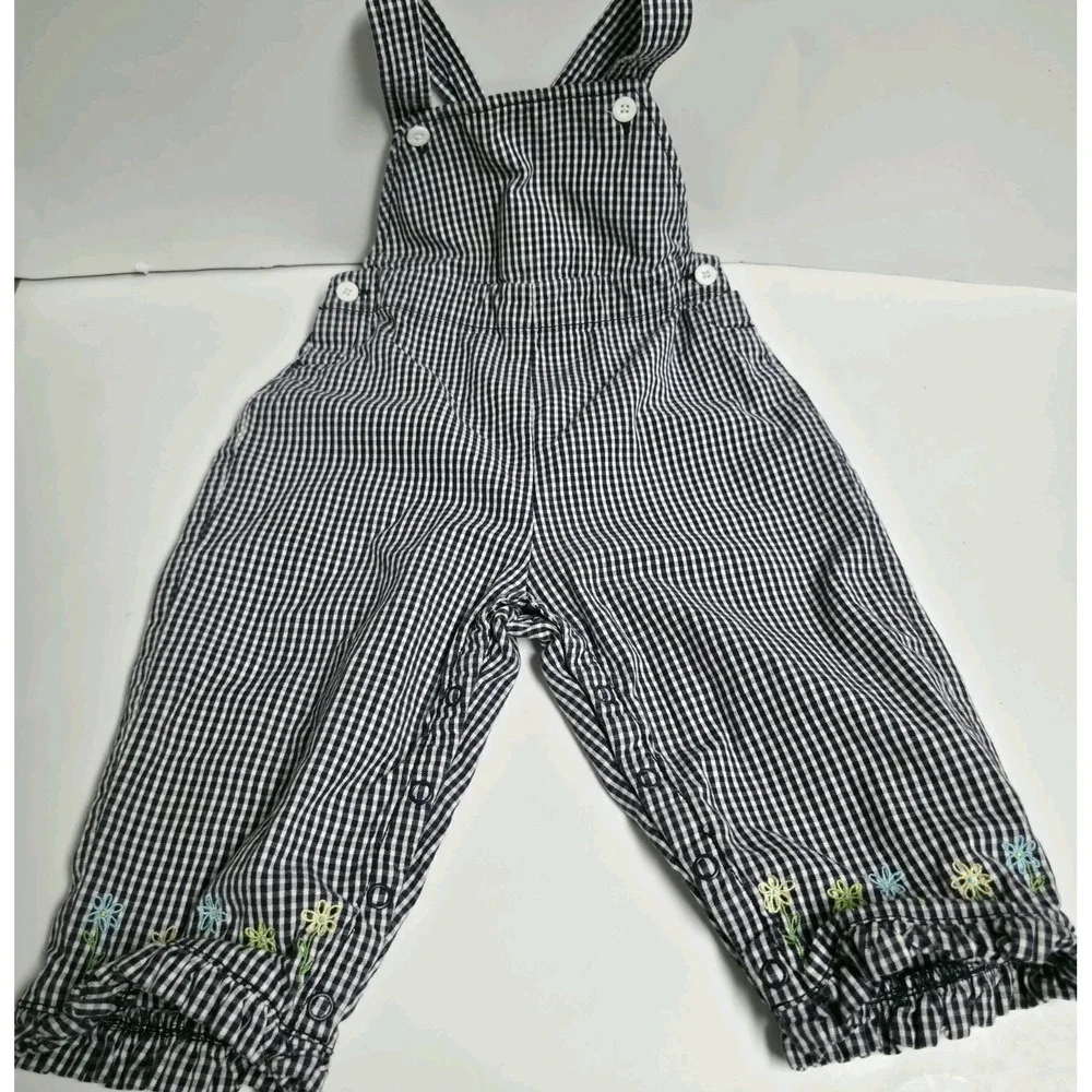 Vintage Gymboree Overalls Embroidered Flower Black Check Gingham  12-18 Mos